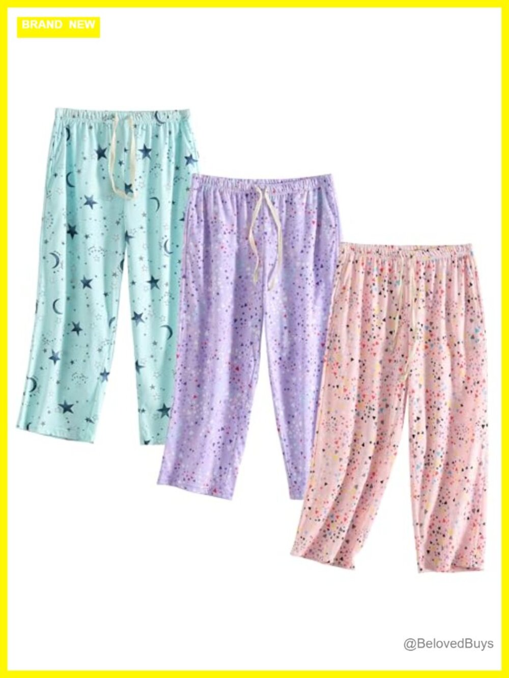 3 Pack Women's Capri Pajama Pants Cotton Blend Drawstring Pockets